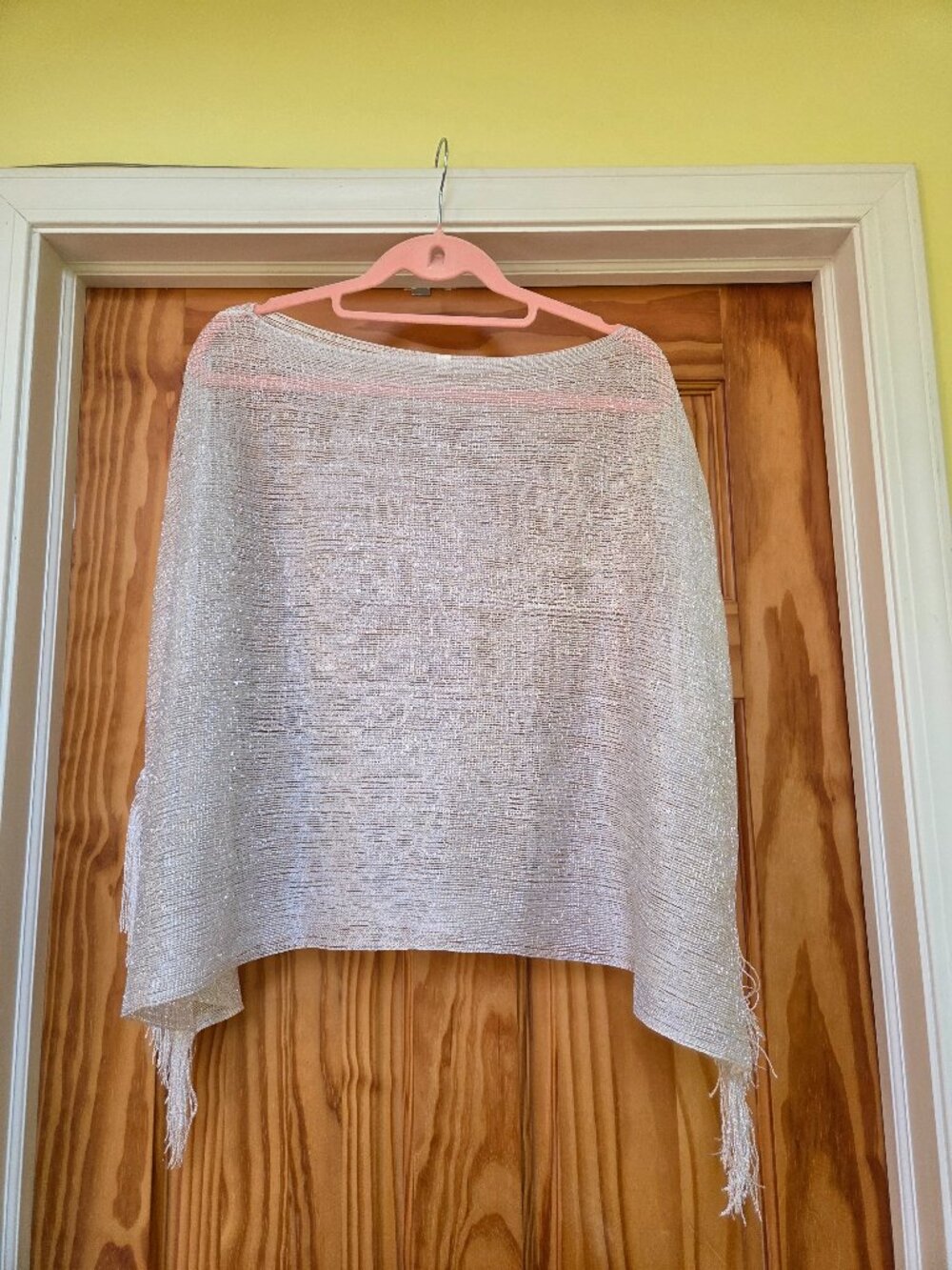 New Metallic Silver White Knit Poncho Shawl Cape 3" Fringe One Size Acrylic
